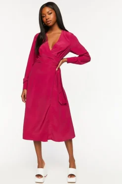 Surplice Long-Sleeve Wrap Midi Dress