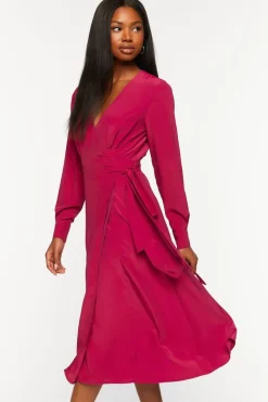 Surplice Long-Sleeve Wrap Midi Dress