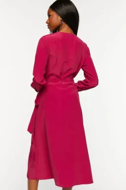 Surplice Long-Sleeve Wrap Midi Dress