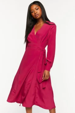 Surplice Long-Sleeve Wrap Midi Dress
