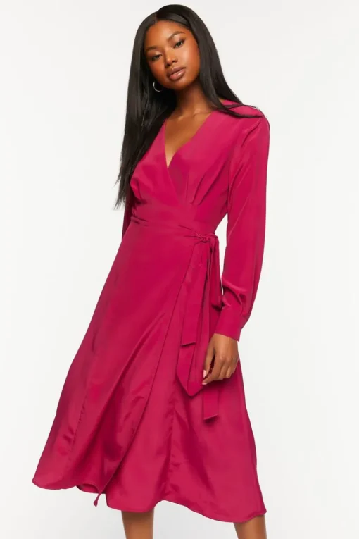 Surplice Long-Sleeve Wrap Midi Dress
