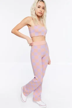Sweater-Knit Checkered Crop Top & Pants Set
