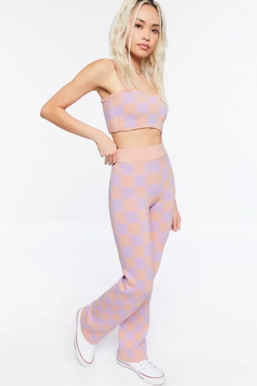 Sweater-Knit Checkered Crop Top & Pants Set