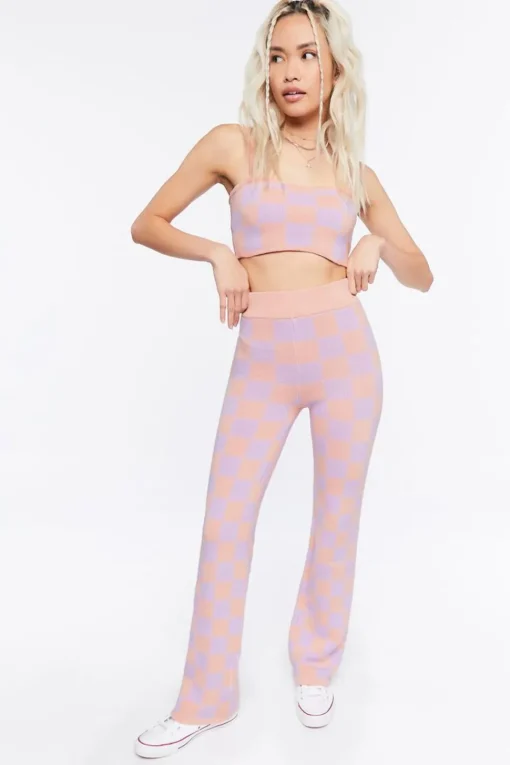 Sweater-Knit Checkered Crop Top & Pants Set