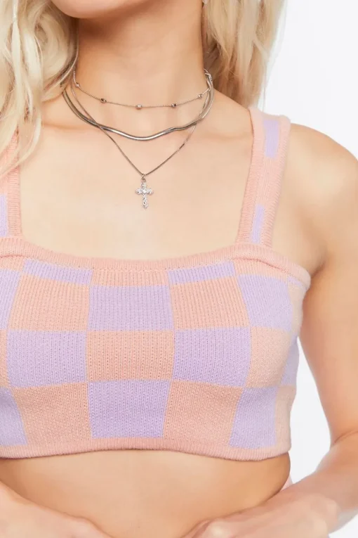 Sweater-Knit Checkered Crop Top & Pants Set