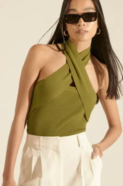 Sweater-Knit Crisscross Halter Bodysuit