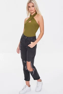 Sweater-Knit Crisscross Halter Bodysuit
