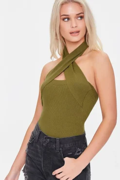 Sweater-Knit Crisscross Halter Bodysuit
