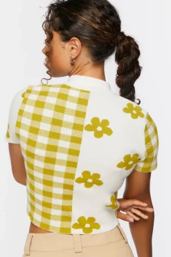Sweater-Knit Floral Cropped Shirt