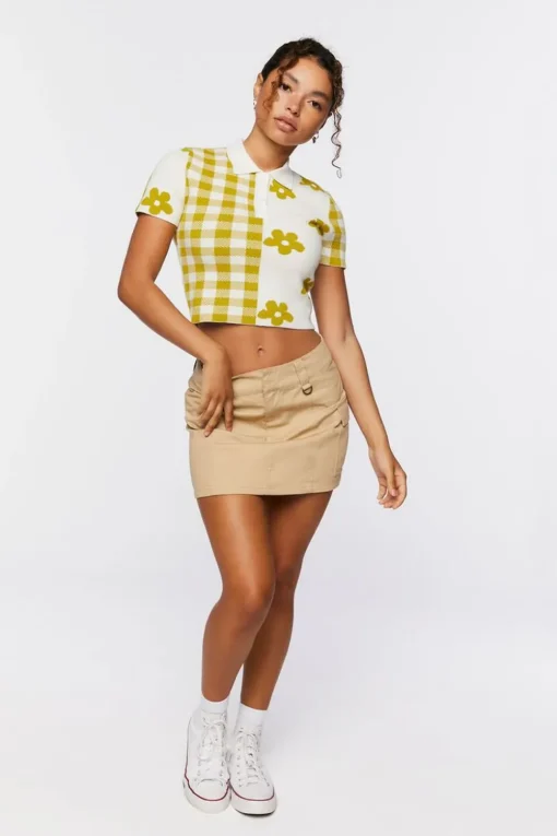 Sweater-Knit Floral Cropped Shirt