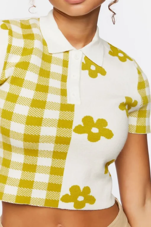 Sweater-Knit Floral Cropped Shirt