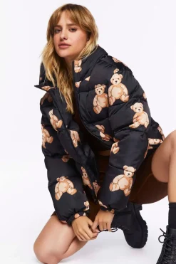 Teddy Bear Print Puffer Jacket