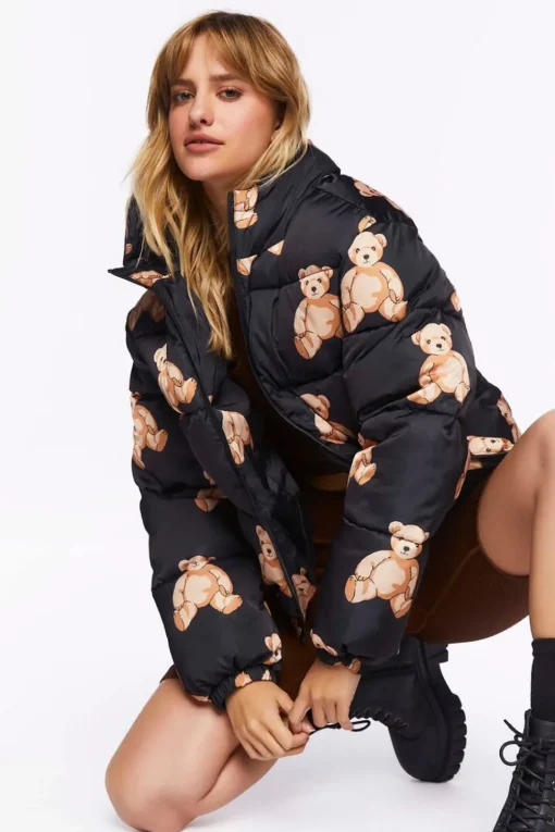 Teddy Bear Print Puffer Jacket