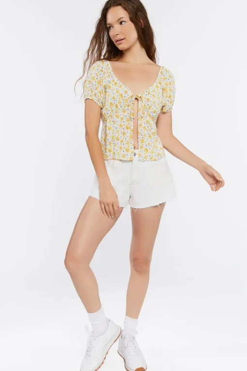 Tie-Front Floral Print Crop Top