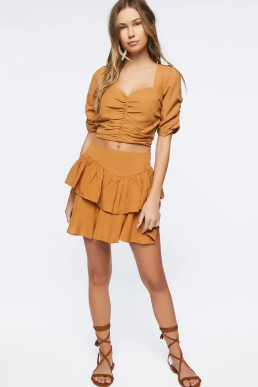 Tiered Linen-Blend Mini Skirt