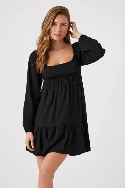 Tiered Peasant-Sleeve Mini Dress