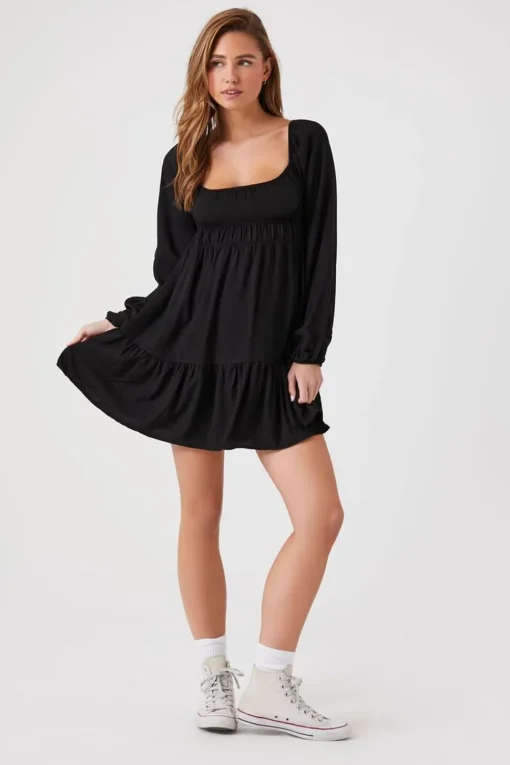 Tiered Peasant-Sleeve Mini Dress