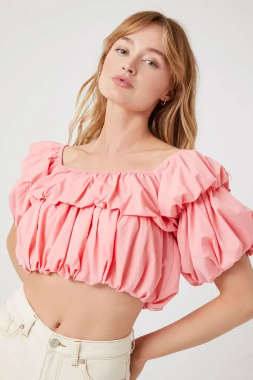 Tiered Puff-Sleeve Crop Top