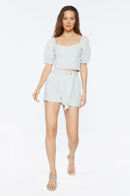 Tie-Waist Embroidered Floral Shorts