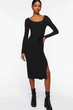 Tie-Waist Slit Midi Dress