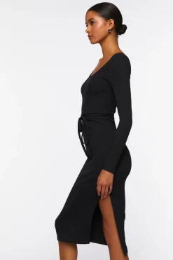 Tie-Waist Slit Midi Dress
