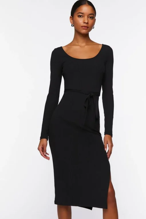 Tie-Waist Slit Midi Dress