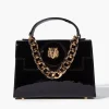 Tiger-Embellished Faux Patent Leather Satchel