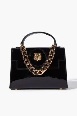 Tiger-Embellished Faux Patent Leather Satchel