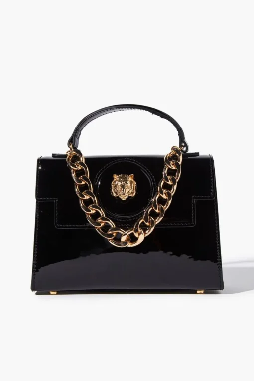 Tiger-Embellished Faux Patent Leather Satchel