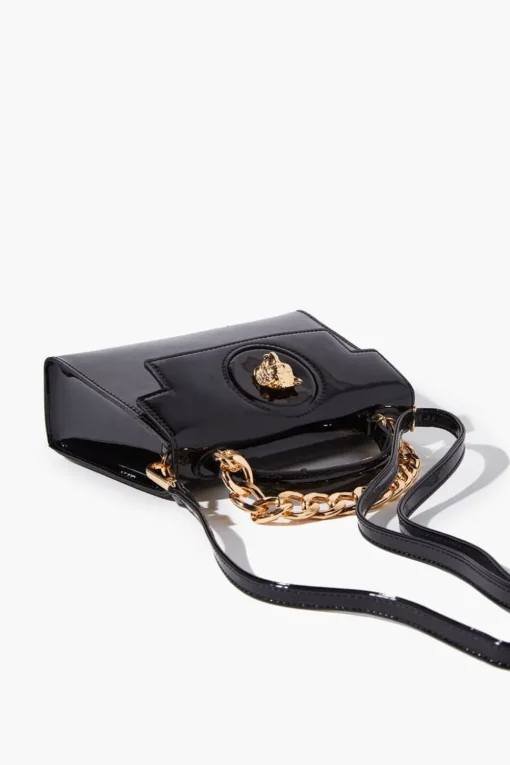 Tiger-Embellished Faux Patent Leather Satchel