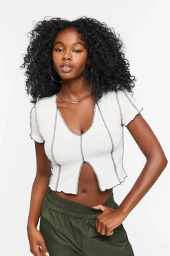 Topstitched Split-Hem Crop Top