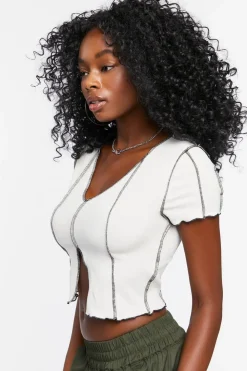 Topstitched Split-Hem Crop Top