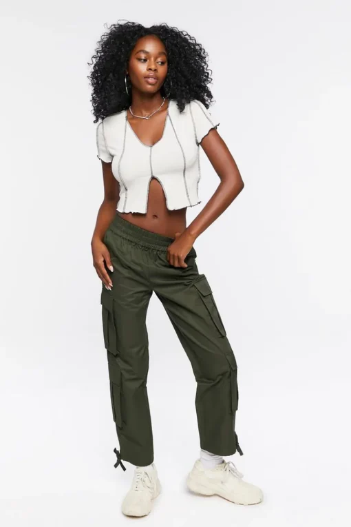 Topstitched Split-Hem Crop Top