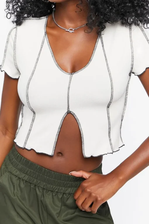Topstitched Split-Hem Crop Top