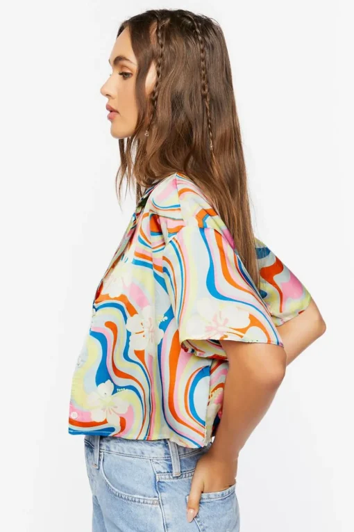 Tropical Floral Print Cropped Shirt