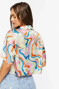 Tropical Floral Print Cropped Shirt