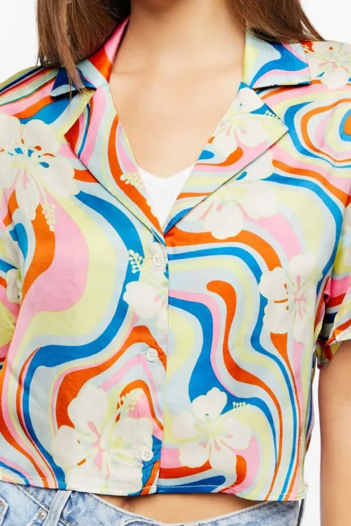 Tropical Floral Print Cropped Shirt