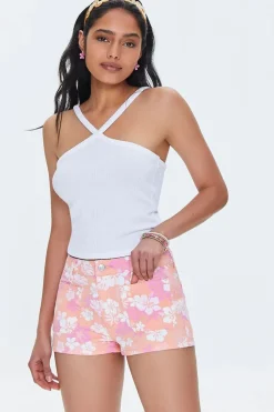 Tropical Floral Print Denim Shorts