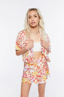 Tropical Floral Print Wrap Mini Skirt
