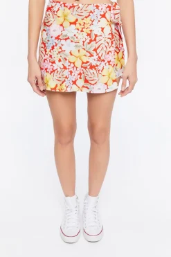 Tropical Floral Print Wrap Mini Skirt