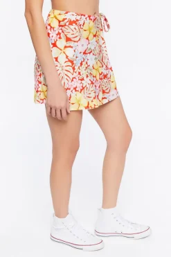 Tropical Floral Print Wrap Mini Skirt
