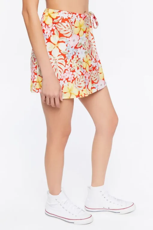 Tropical Floral Print Wrap Mini Skirt