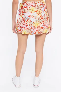 Tropical Floral Print Wrap Mini Skirt