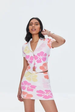 Tropical Floral Short-Sleeve Cardigan Sweater