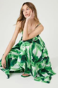 Tropical Leaf Handkerchief Midi Dress