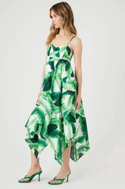 Tropical Leaf Handkerchief Midi Dress