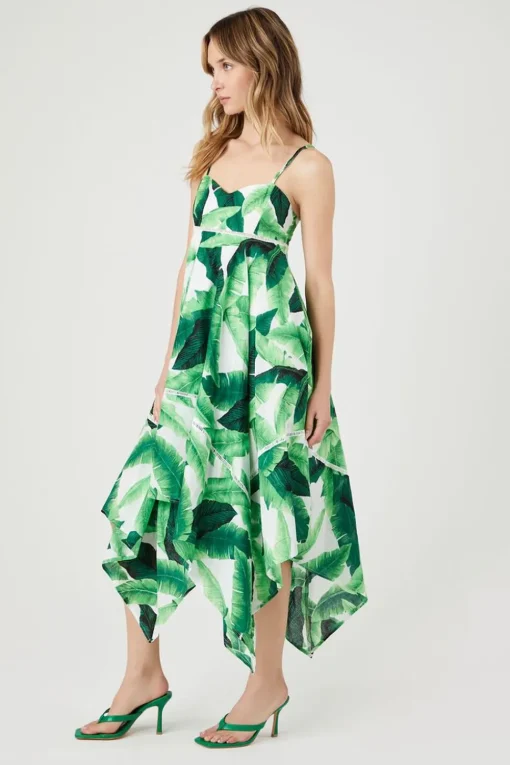 Tropical Leaf Handkerchief Midi Dress