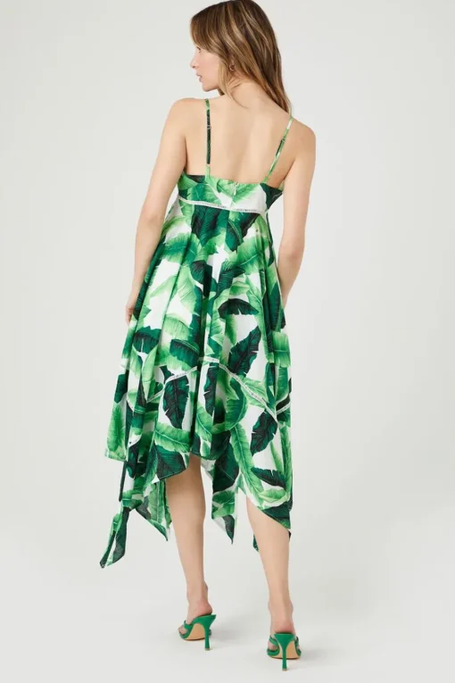 Tropical Leaf Handkerchief Midi Dress