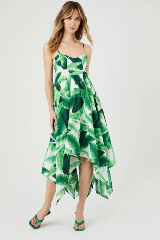 Tropical Leaf Handkerchief Midi Dress