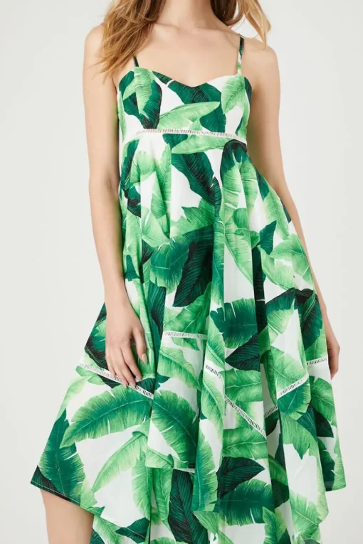 Tropical Leaf Handkerchief Midi Dress